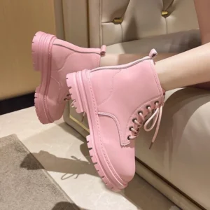 รองเท้าบูทมาร์ตินวินเทจ แบบผูกเชือก พื้นรองเท้าหนา สีชมพู